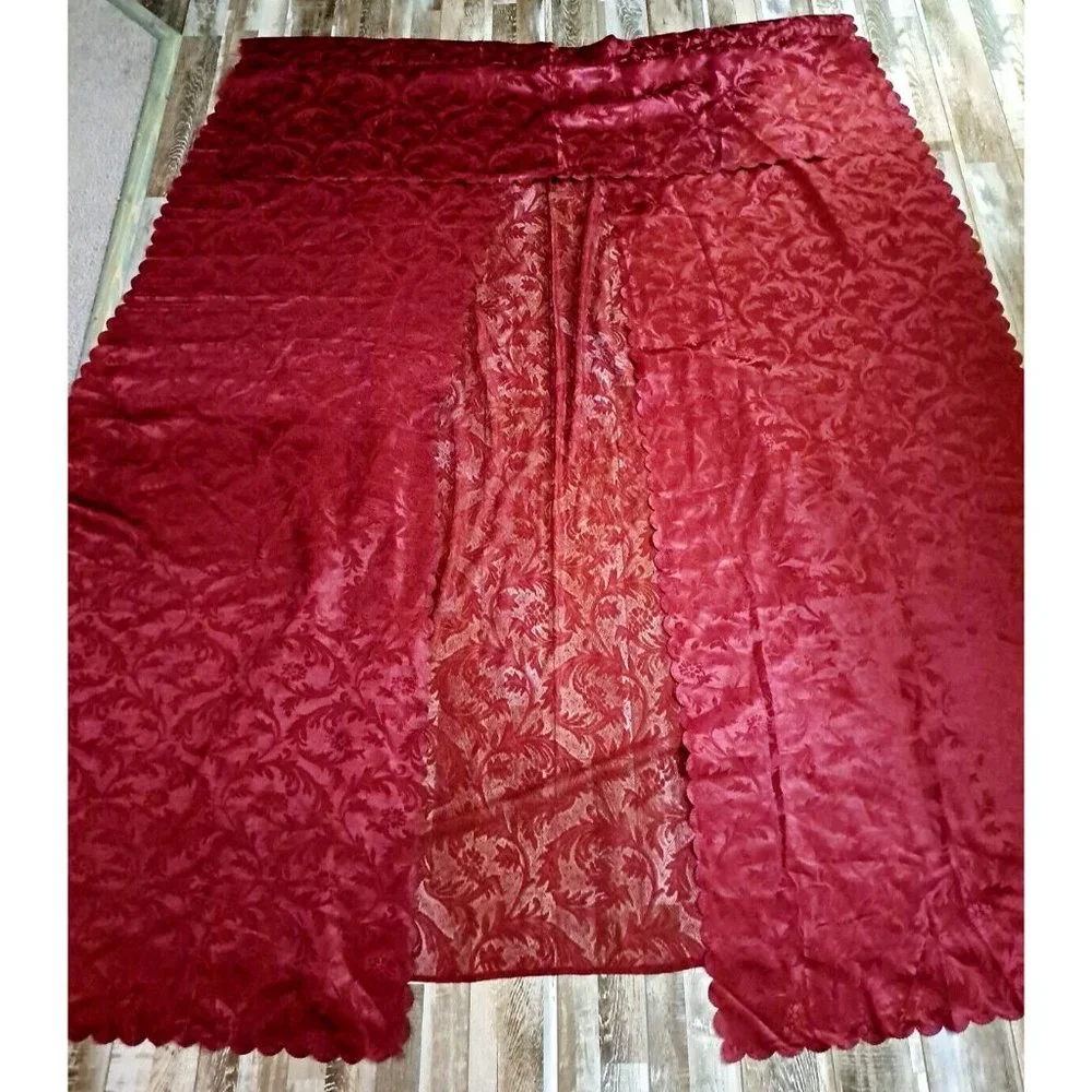 Burgundy Satin Curtain W Valance & Lace One Piece Gothic Victorian Floral 82x58
